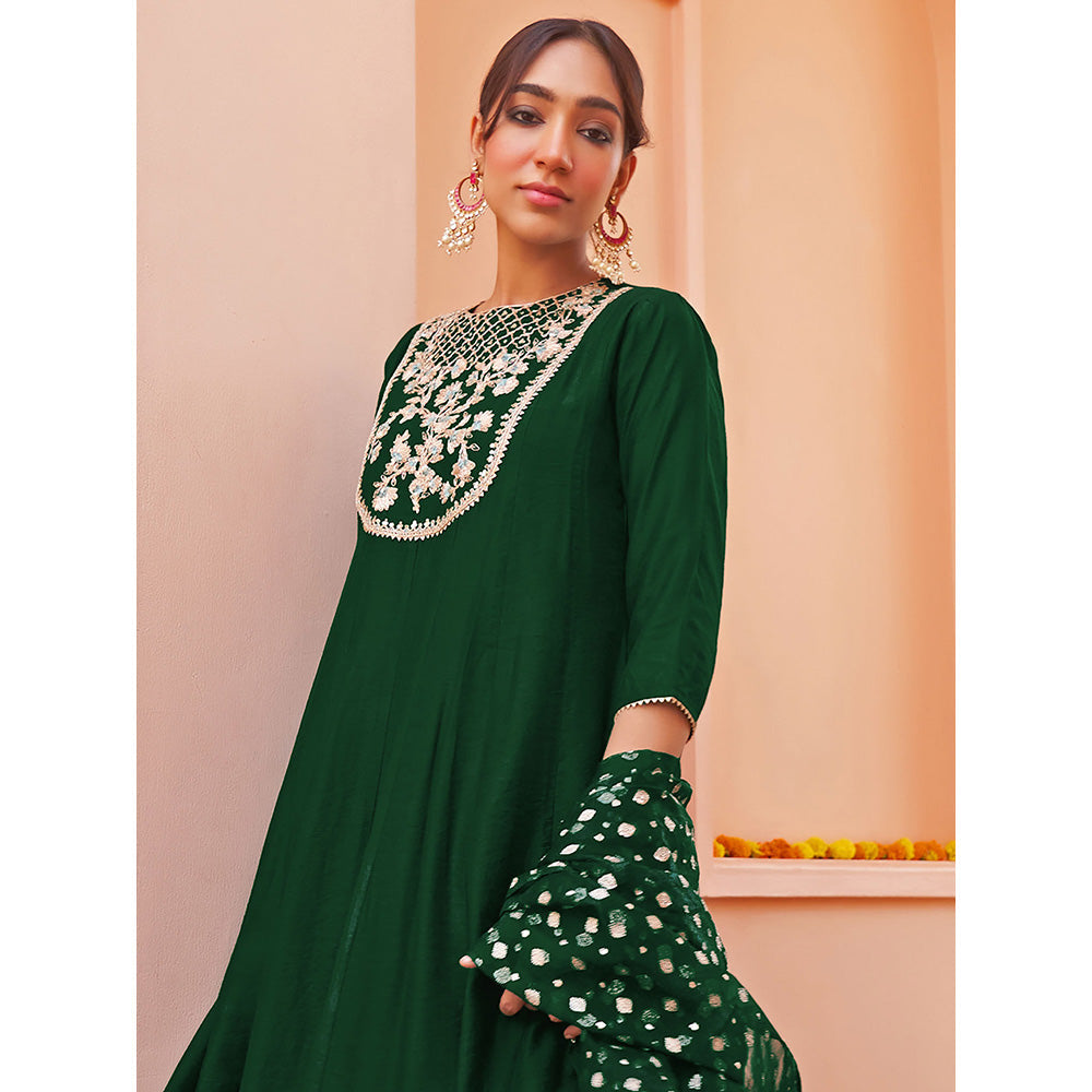 Janasya Dark Green Chanderi Embellished Kurta with Palazzo & Dupatta (Set of 3)