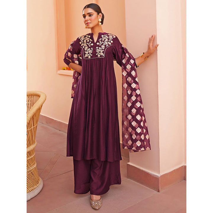 Janasya Purple Chanderi Embellished Kurta with Palazzo & Dupatta (Set of 3)