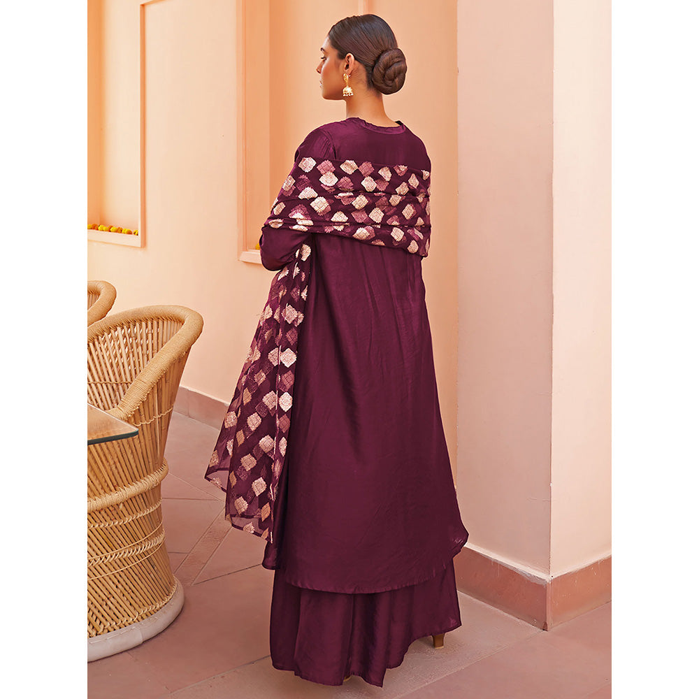 Janasya Purple Chanderi Embellished Kurta with Palazzo & Dupatta (Set of 3)