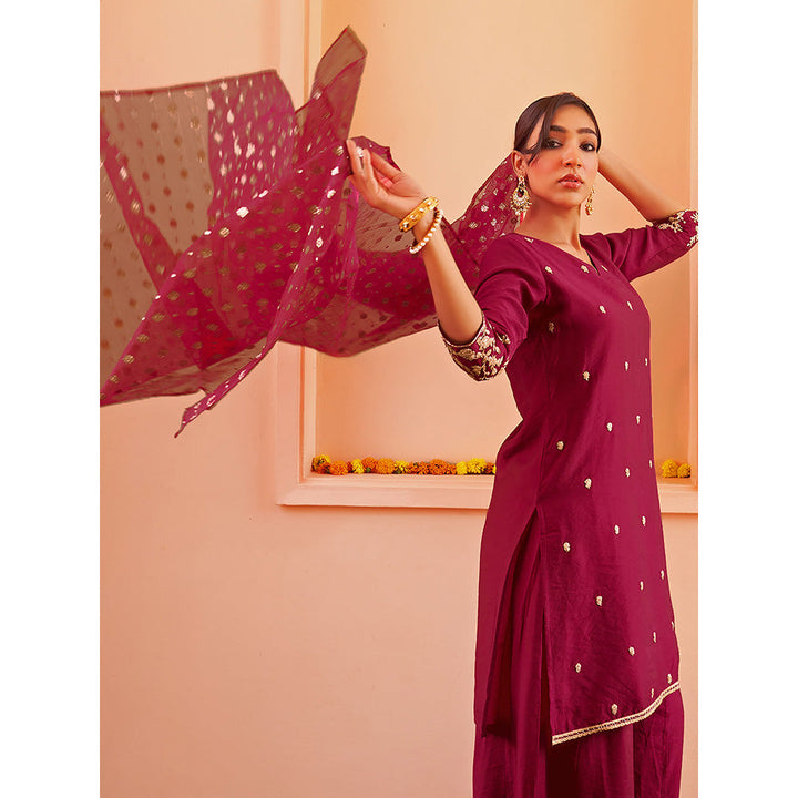 Janasya Pink Chanderi Embellished Kurta with Palazzo & Dupatta (Set of 3)