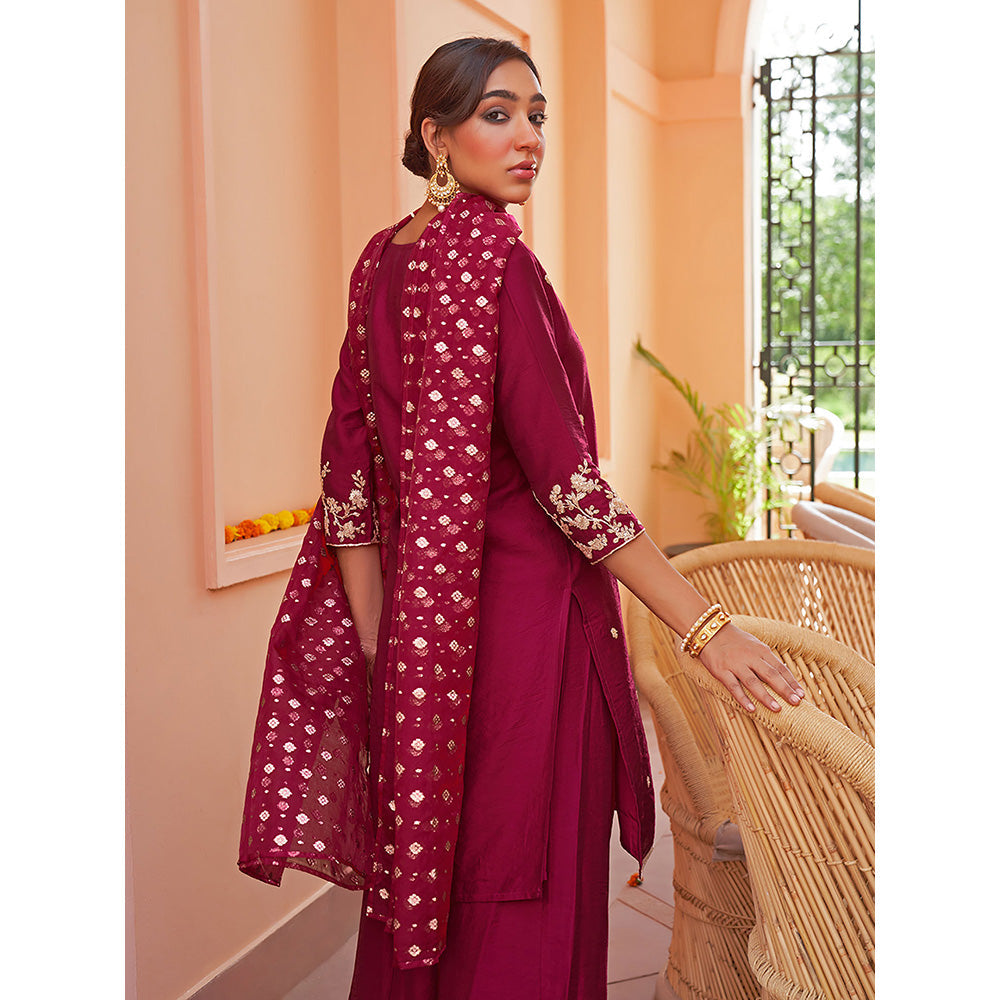 Janasya Pink Chanderi Embellished Kurta with Palazzo & Dupatta (Set of 3)