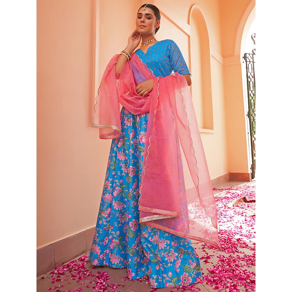 Janasya Blue Crepe Silk Digital Floral Printed Lehenga Choli With Dupatta (Set of 3)