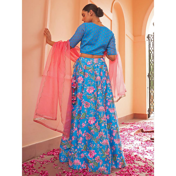 Janasya Blue Crepe Silk Digital Floral Printed Lehenga Choli With Dupatta (Set of 3)