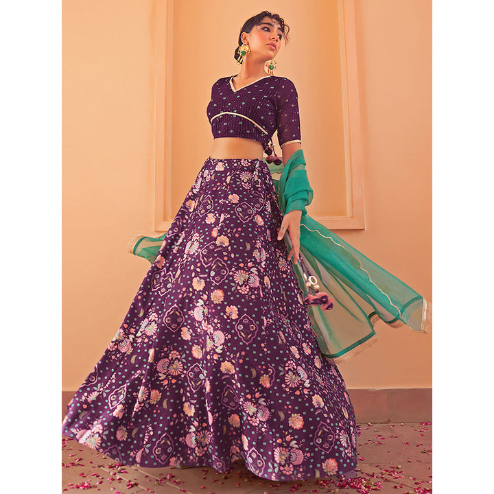 Janasya Purple Crepe Silk Digital Floral Printed Lehenga Choli With Dupatta (Set of 3)