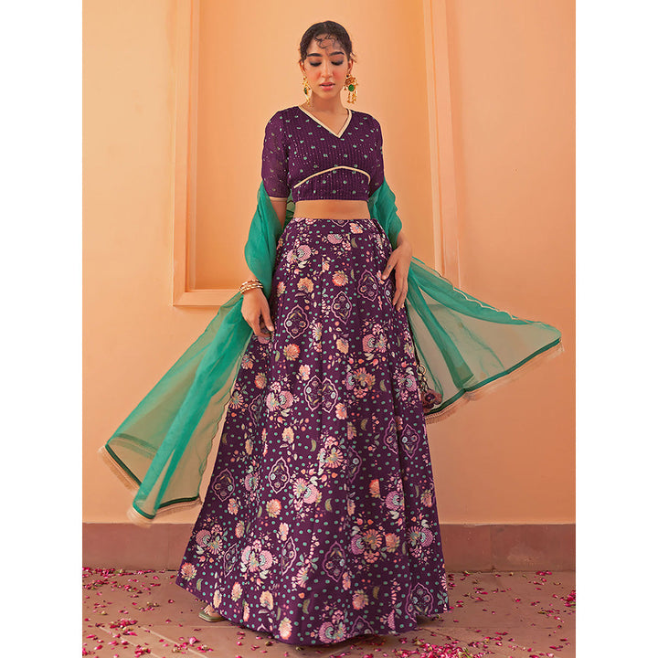 Janasya Purple Crepe Silk Digital Floral Printed Lehenga Choli With Dupatta (Set of 3)