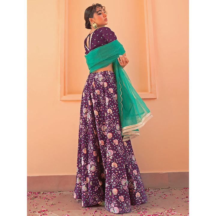 Janasya Purple Crepe Silk Digital Floral Printed Lehenga Choli With Dupatta (Set of 3)