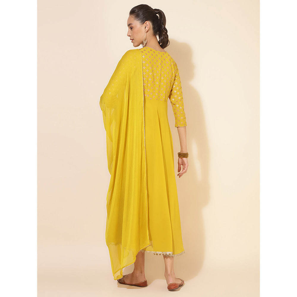 Janasya Yellow Georgette Foil Printed Kurta & Dupatta (Set of 2)