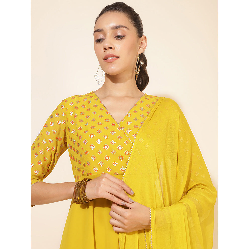 Janasya Yellow Georgette Foil Printed Kurta & Dupatta (Set of 2)