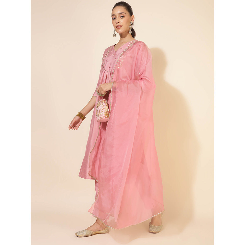 Janasya Womens Pink Crepe Silk Yoke Embroidery Kurta with Pant & Dupatta (Set of 3)