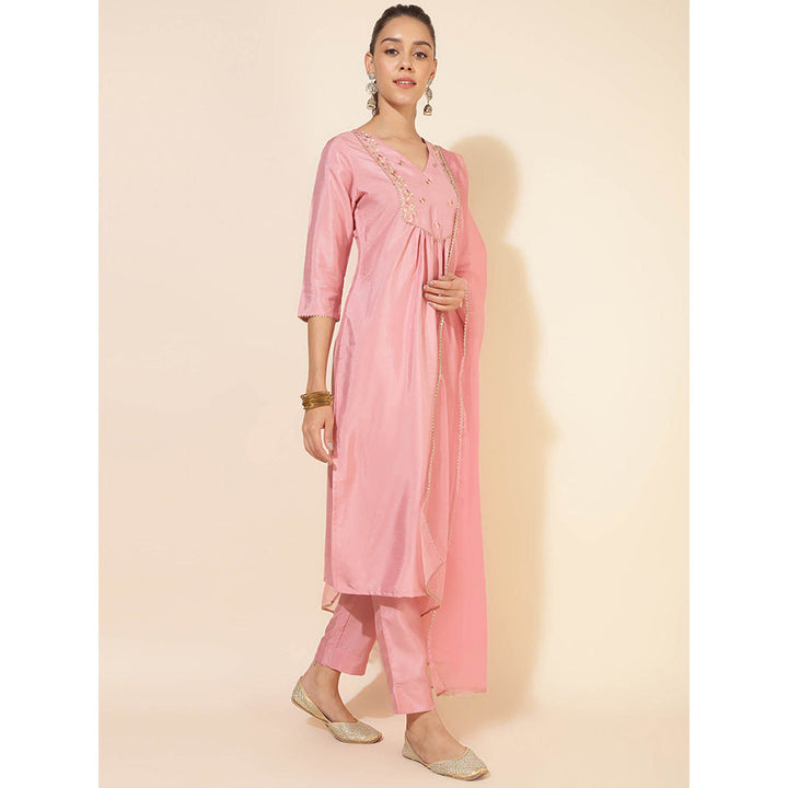 Janasya Womens Pink Crepe Silk Yoke Embroidery Kurta with Pant & Dupatta (Set of 3)