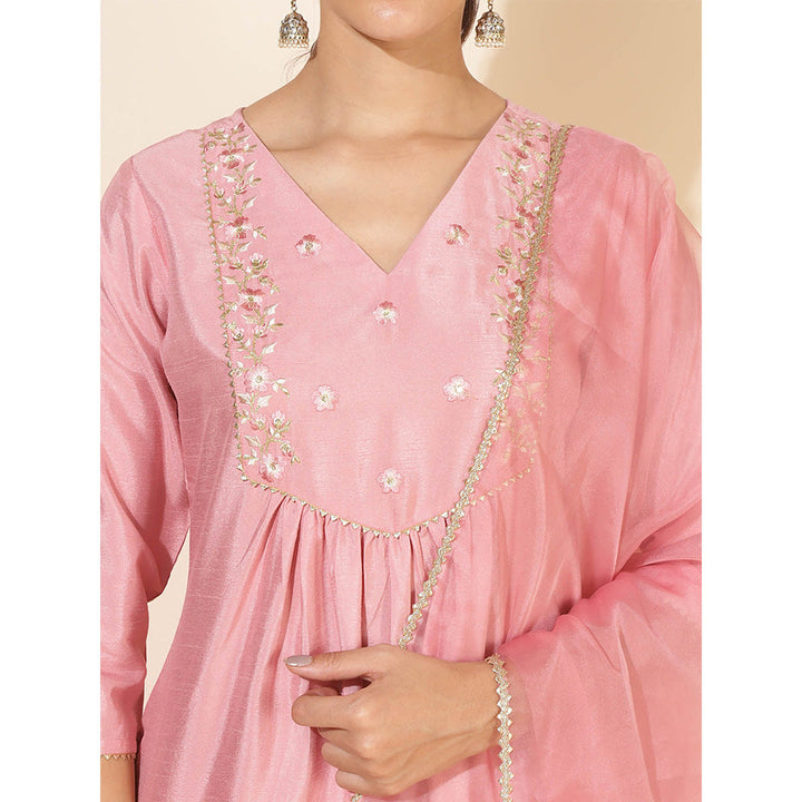 Janasya Womens Pink Crepe Silk Yoke Embroidery Kurta with Pant & Dupatta (Set of 3)