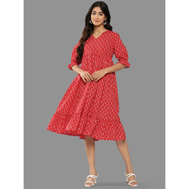 Janasya Womens Red Cotton Ethnic Motifs Flared Midi Dress