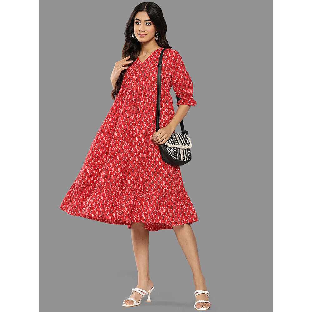 Janasya Womens Red Cotton Ethnic Motifs Flared Midi Dress