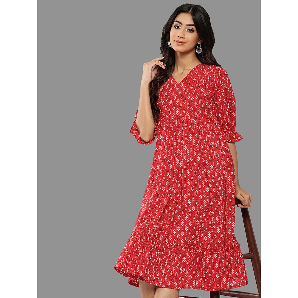 Janasya Womens Red Cotton Ethnic Motifs Flared Midi Dress