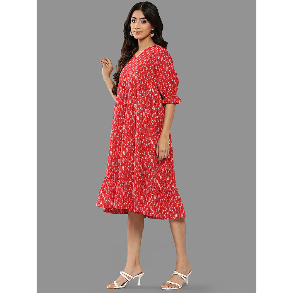 Janasya Womens Red Cotton Ethnic Motifs Flared Midi Dress