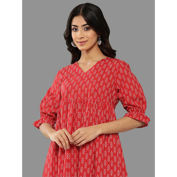 Janasya Womens Red Cotton Ethnic Motifs Flared Midi Dress