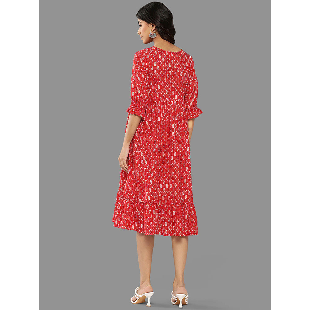 Janasya Womens Red Cotton Ethnic Motifs Flared Midi Dress