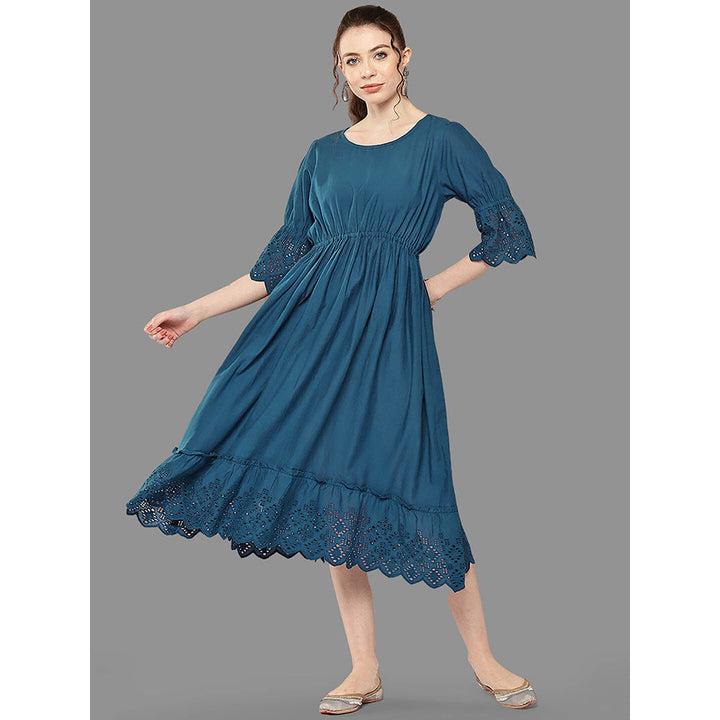 Janasya Womens Teal Cotton Schiffli Flared Dress