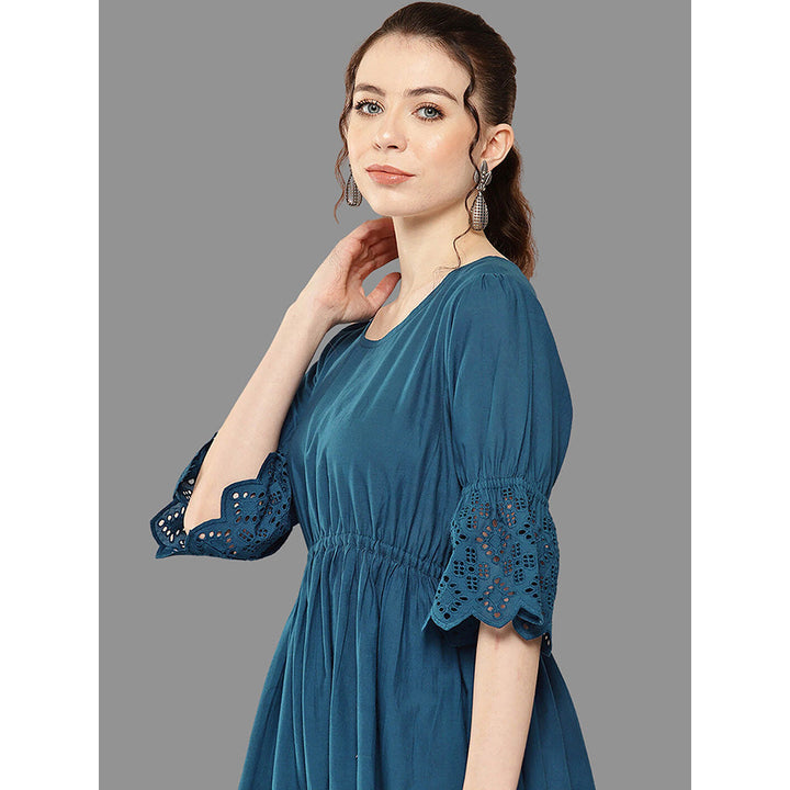 Janasya Womens Teal Cotton Schiffli Flared Dress