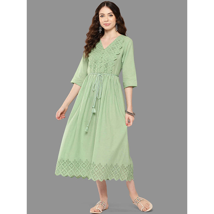 Janasya Womens Light Green Cotton Schiffli Flared Dress with Belt (Set of 2)