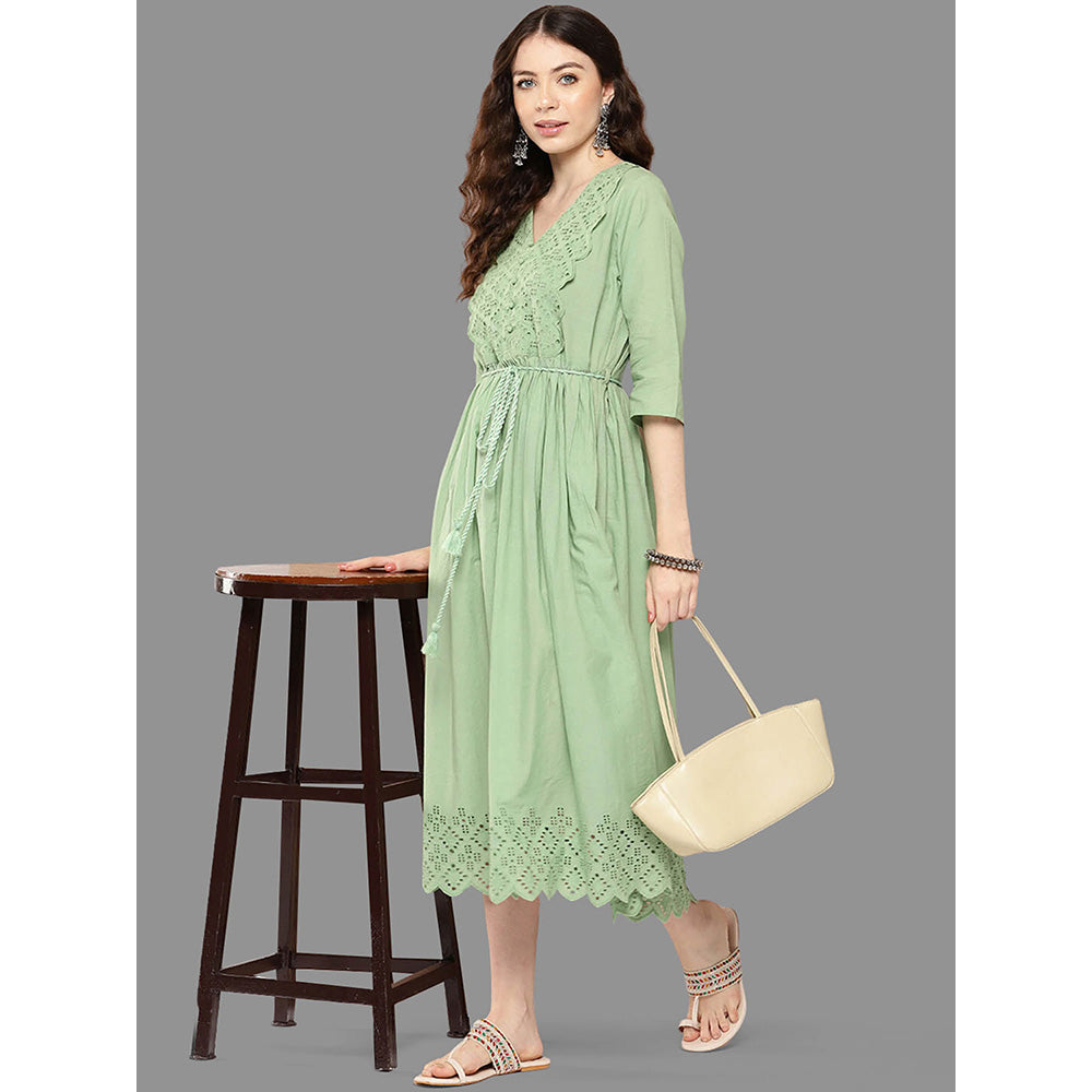 Janasya Womens Light Green Cotton Schiffli Flared Dress with Belt (Set of 2)