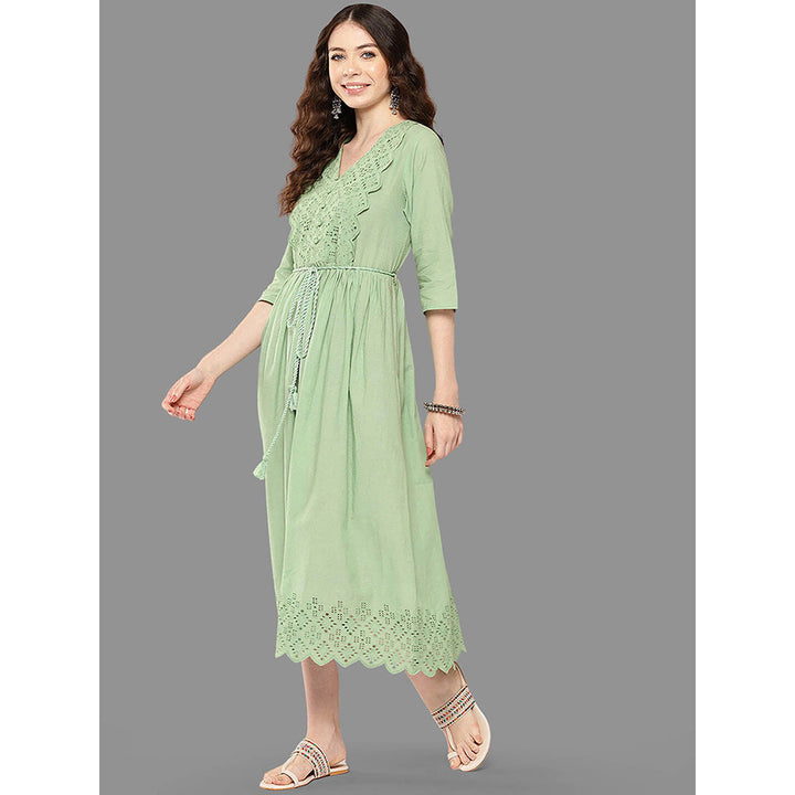 Janasya Womens Light Green Cotton Schiffli Flared Dress with Belt (Set of 2)