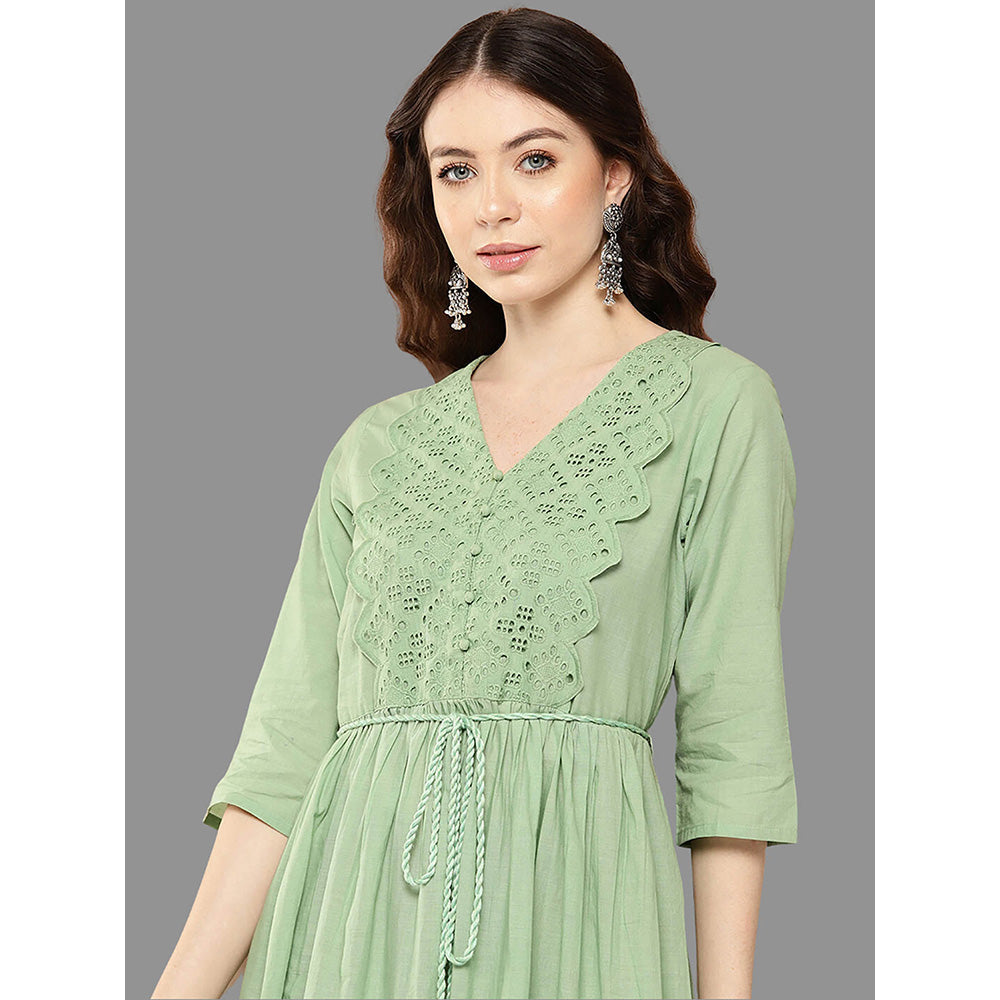 Janasya Womens Light Green Cotton Schiffli Flared Dress with Belt (Set of 2)