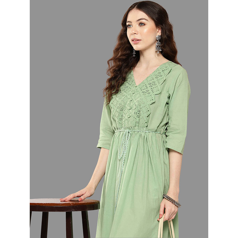 Janasya Womens Light Green Cotton Schiffli Flared Dress with Belt (Set of 2)