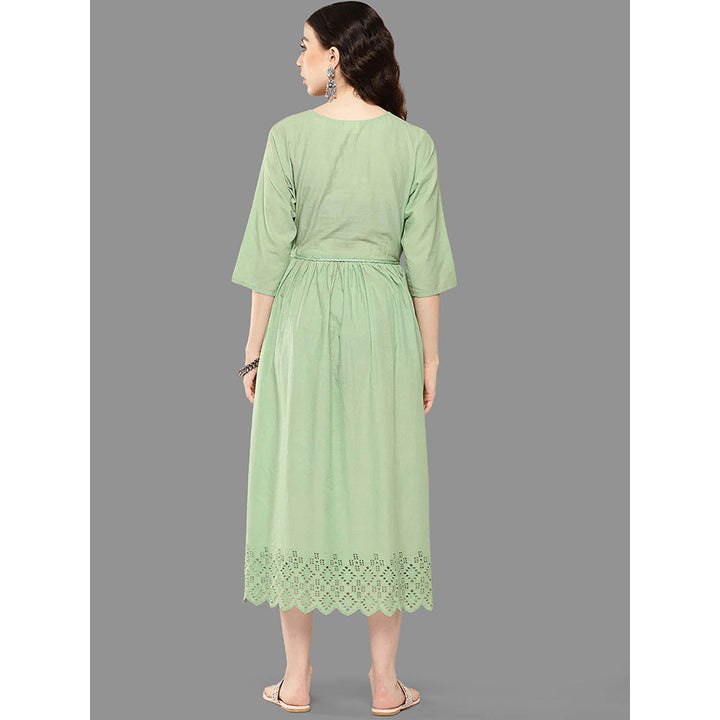 Janasya Womens Light Green Cotton Schiffli Flared Dress with Belt (Set of 2)