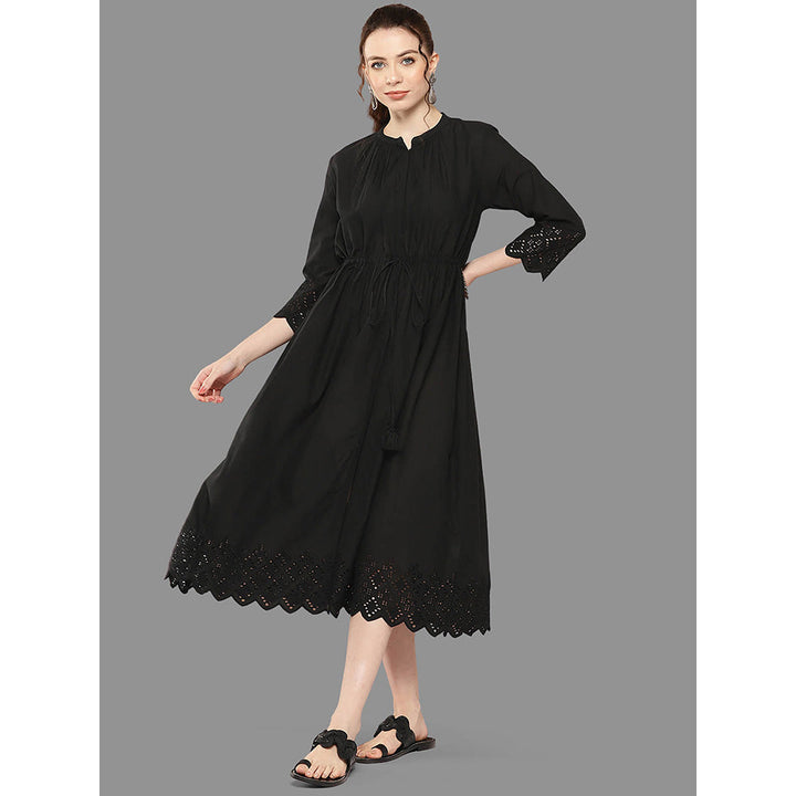 Janasya Womens Black Cotton Self Design Flared Dress