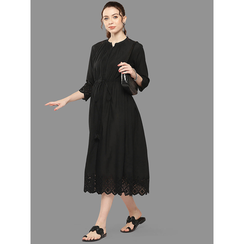 Janasya Womens Black Cotton Self Design Flared Dress