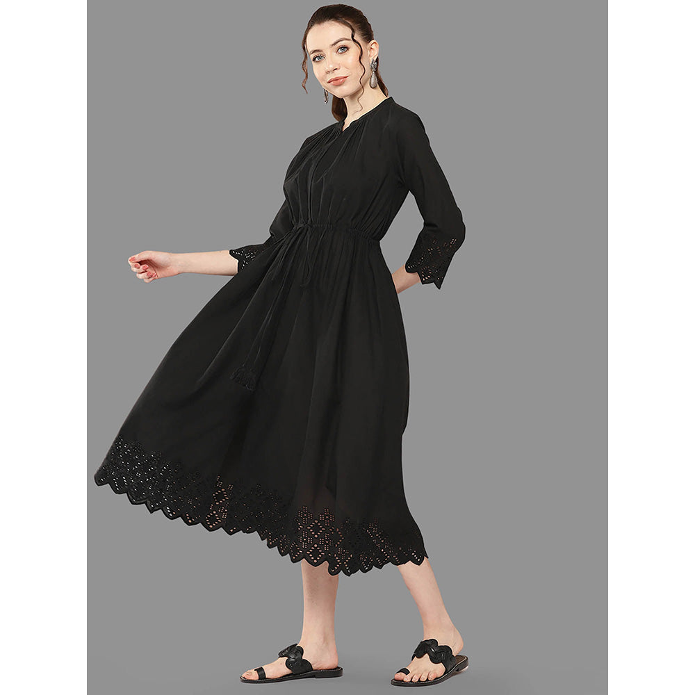 Janasya Womens Black Cotton Self Design Flared Dress