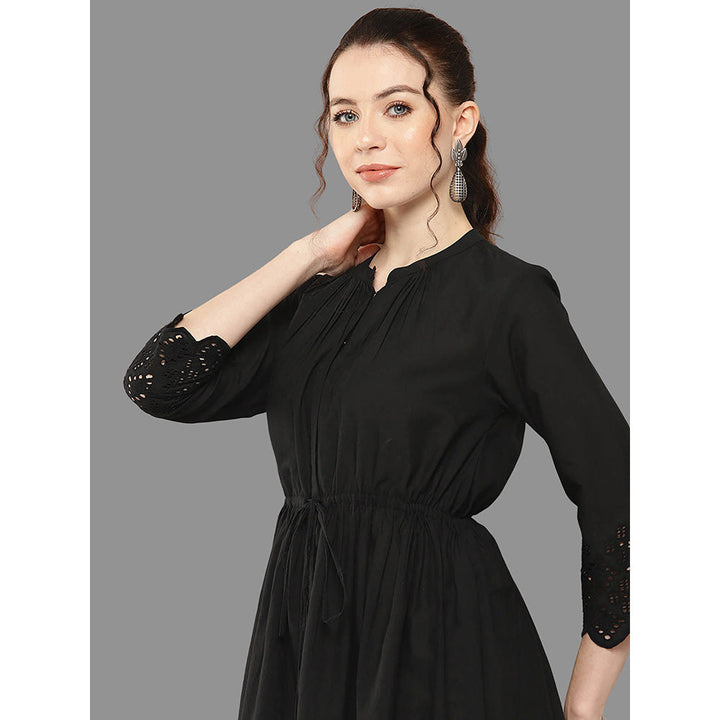 Janasya Womens Black Cotton Self Design Flared Dress