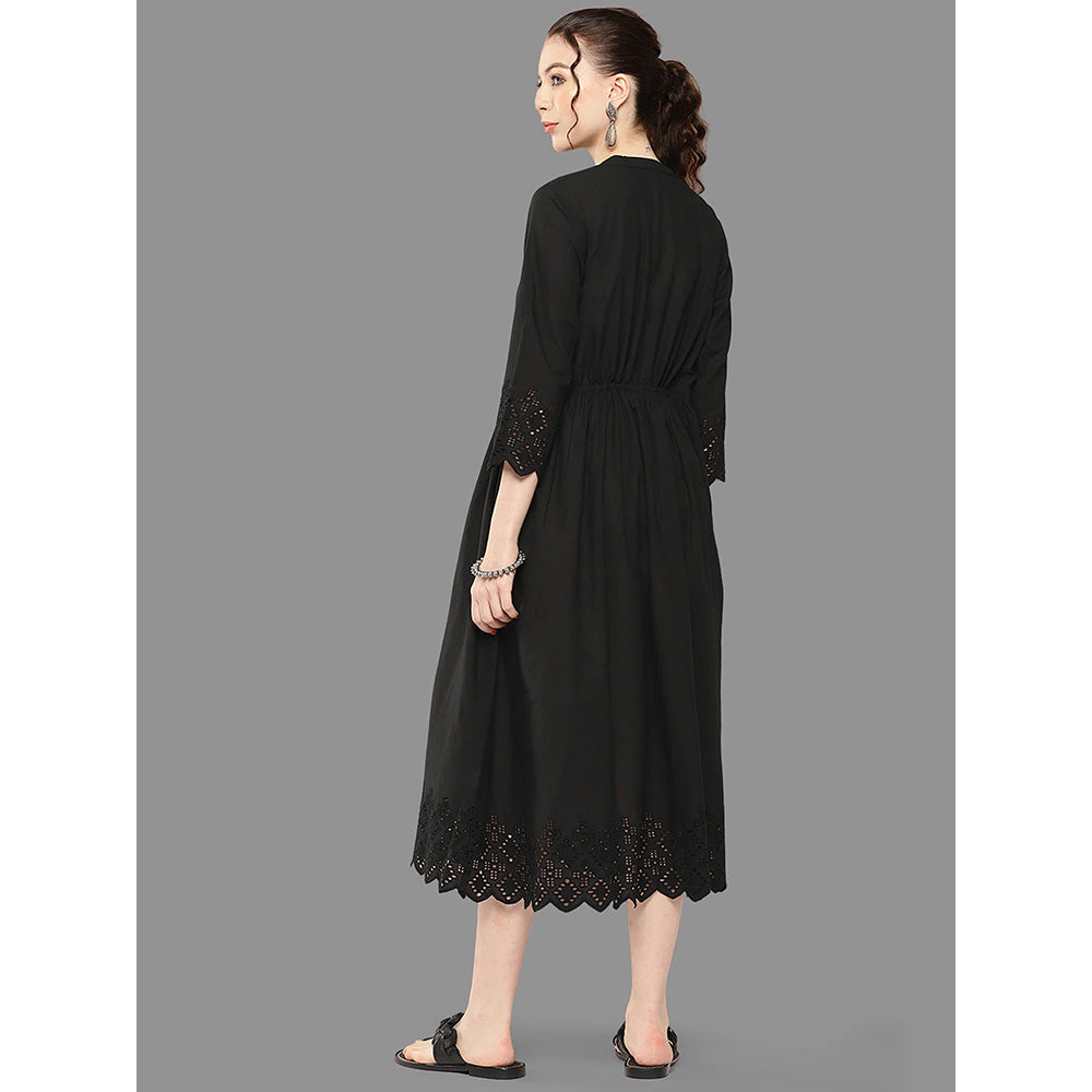 Janasya Womens Black Cotton Self Design Flared Dress