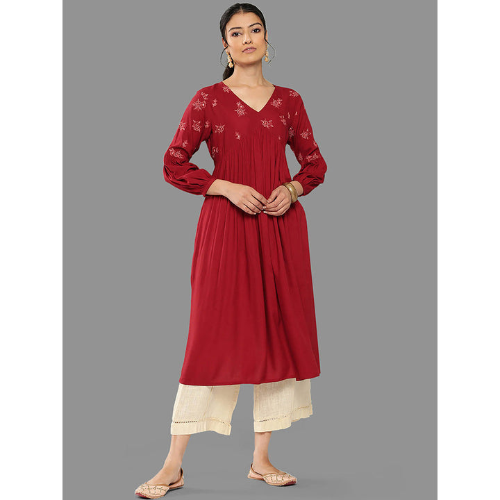 Janasya Womens Maroon Rayon Embroidered Gathered Kurta