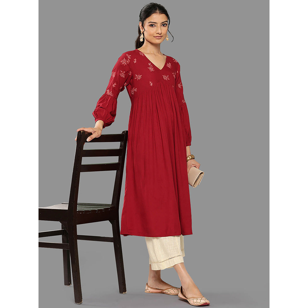 Janasya Womens Maroon Rayon Embroidered Gathered Kurta