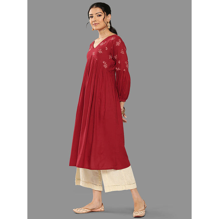 Janasya Womens Maroon Rayon Embroidered Gathered Kurta