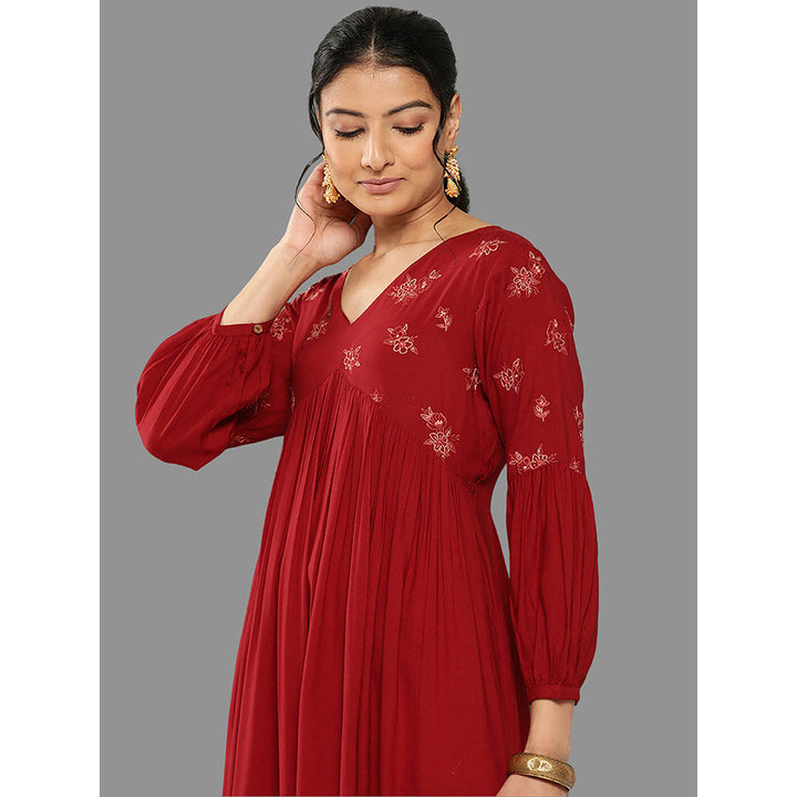 Janasya Womens Maroon Rayon Embroidered Gathered Kurta