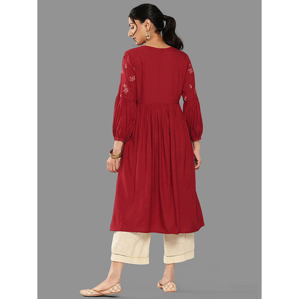 Janasya Womens Maroon Rayon Embroidered Gathered Kurta