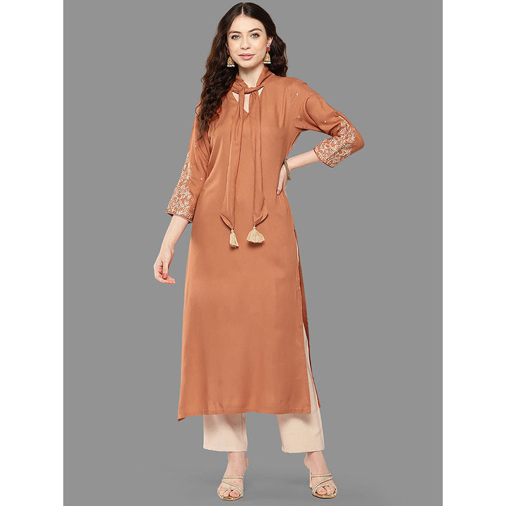 Janasya Womens Peach Rayon Embroidered Straight Kurta