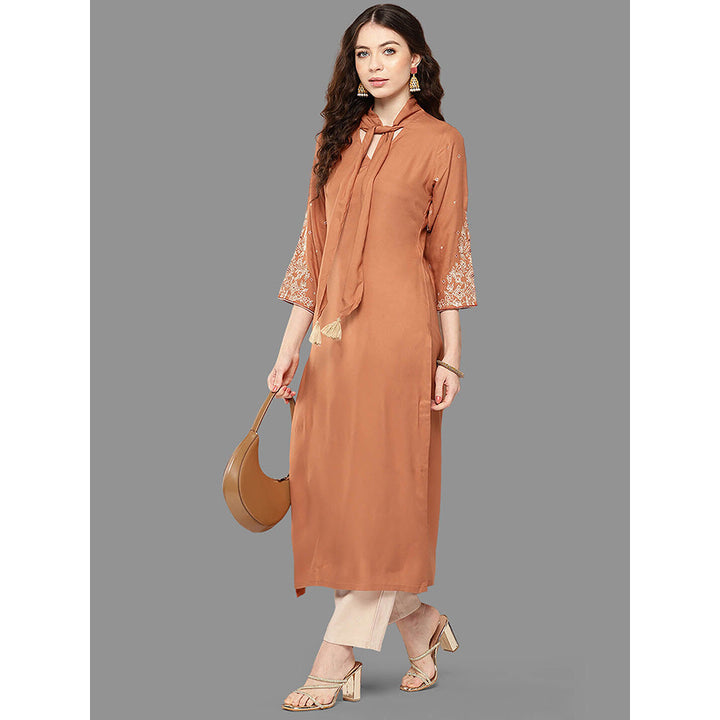 Janasya Womens Peach Rayon Embroidered Straight Kurta