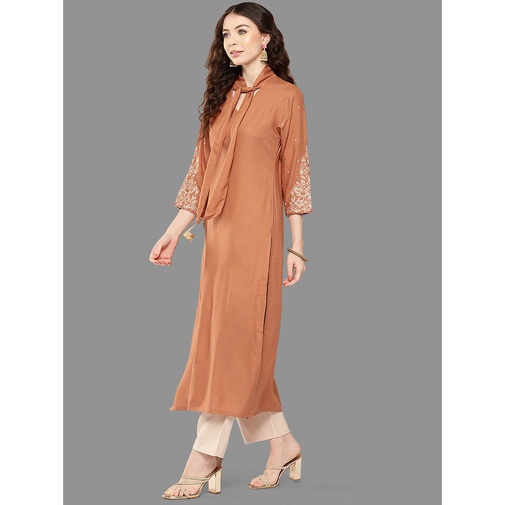 Janasya Womens Peach Rayon Embroidered Straight Kurta