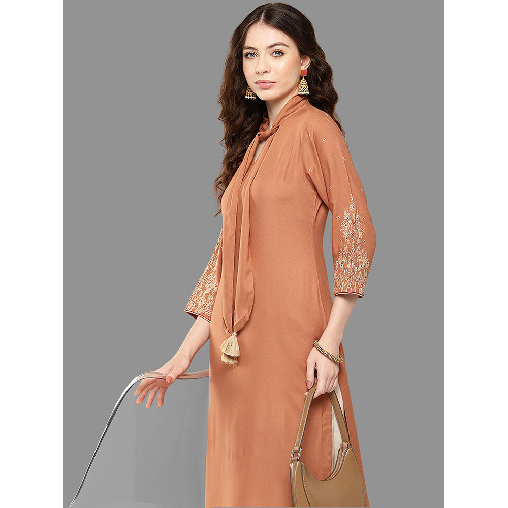 Janasya Womens Peach Rayon Embroidered Straight Kurta