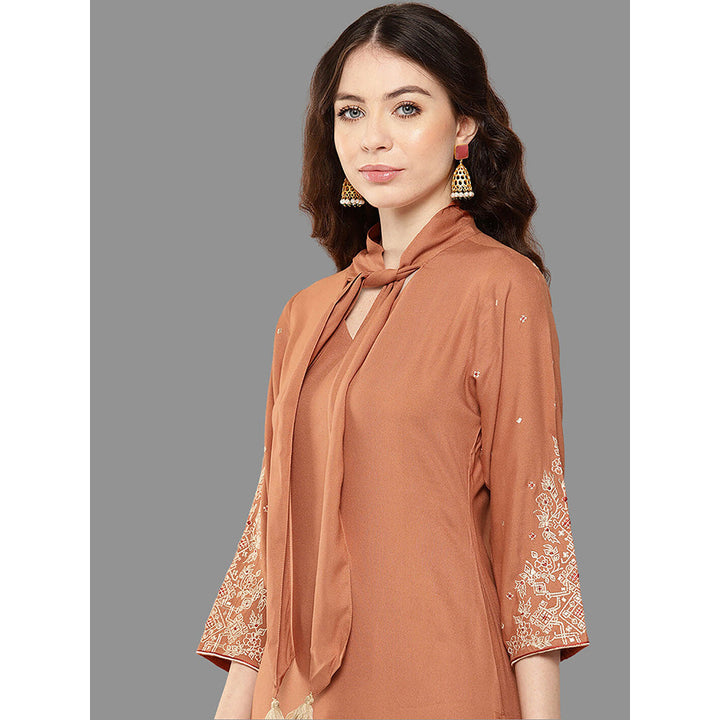 Janasya Womens Peach Rayon Embroidered Straight Kurta