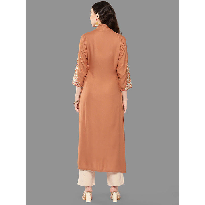 Janasya Womens Peach Rayon Embroidered Straight Kurta