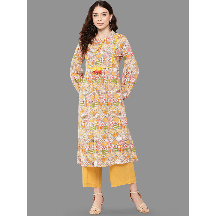 Janasya Womens Multicolor Cotton Ethnic Motifs A-Line Kurta