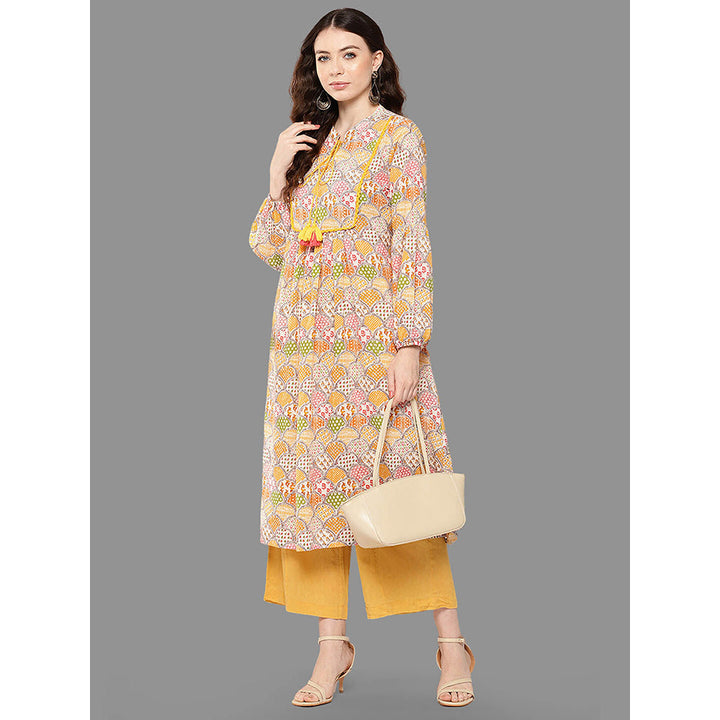 Janasya Womens Multicolor Cotton Ethnic Motifs A-Line Kurta