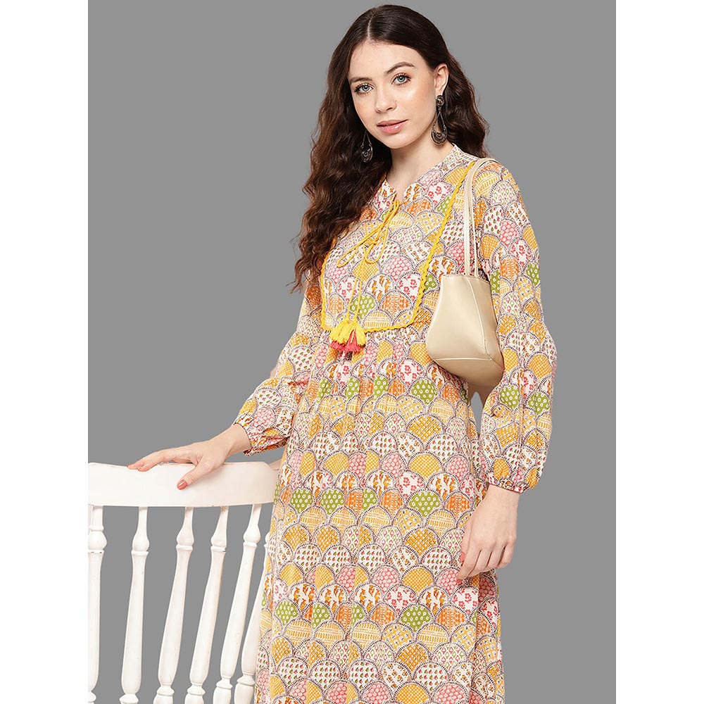 Janasya Womens Multicolor Cotton Ethnic Motifs A-Line Kurta