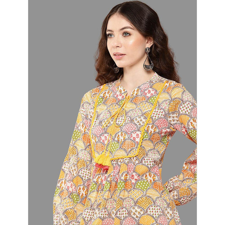 Janasya Womens Multicolor Cotton Ethnic Motifs A-Line Kurta