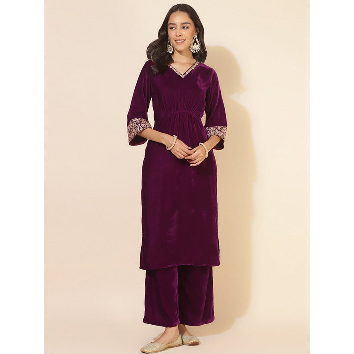 Janasya Women Purple Velvet Embellished Kurta with Palazzo (Set of 2)